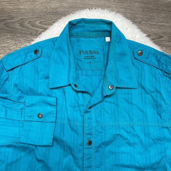 Guess Blue Snap Front Long Sleeve Shirt Mens Size Small or Youth Large Cotton - Picture 3 of 9
